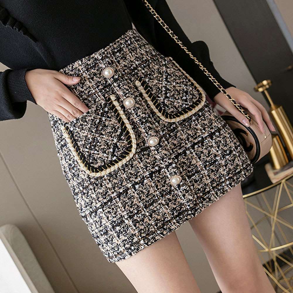 ツイード スカート レディース ハイウエスト チェック柄 ミニ 美脚 インナーパンツ付き 