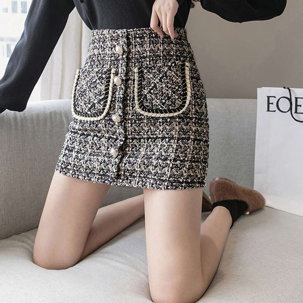 ツイード スカート レディース ハイウエスト チェック柄 ミニ 美脚 インナーパンツ付き 