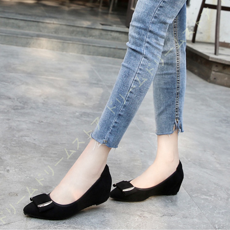 パンプス ハイヒール 5CM ポインテッドトゥ ウェッジソール スウェード パーティー 美脚 発表会 演奏会 リボン 走れるパンプス結婚式 お呼ばれ おしゃれ 