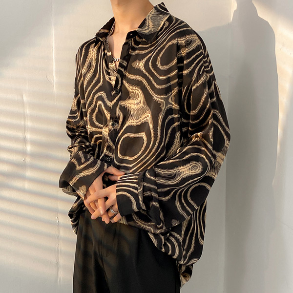 あり 柄シャツ マーブル柄 長袖シャツ ブラック 黒 ダンス 大きいサイズ トップス 衣装 ヒップホップ アート シャツ 個性的秋服 韓国ファッション 曲線 