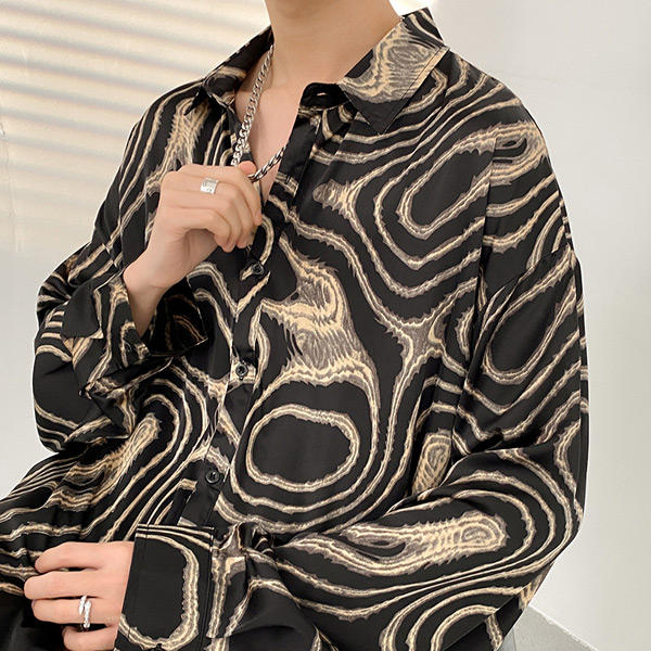 あり 柄シャツ マーブル柄 長袖シャツ ブラック 黒 ダンス 大きいサイズ トップス 衣装 ヒップホップ アート シャツ 個性的秋服 韓国ファッション 曲線 