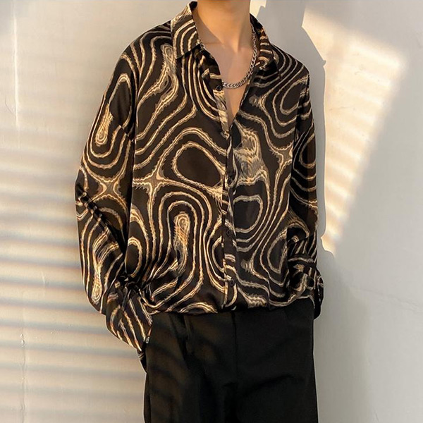 あり 柄シャツ マーブル柄 長袖シャツ ブラック 黒 ダンス 大きいサイズ トップス 衣装 ヒップホップ アート シャツ 個性的秋服 韓国ファッション 曲線 