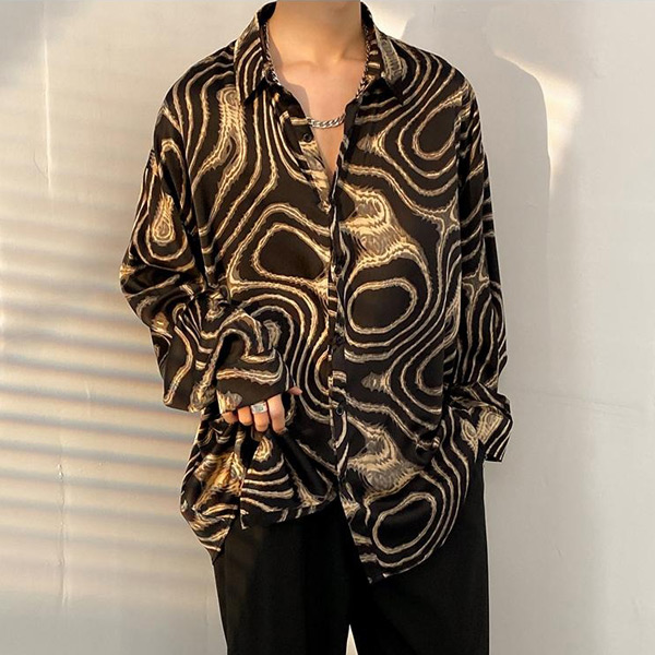 あり 柄シャツ マーブル柄 長袖シャツ ブラック 黒 ダンス 大きいサイズ トップス 衣装 ヒップホップ アート シャツ 個性的秋服 韓国ファッション 曲線 