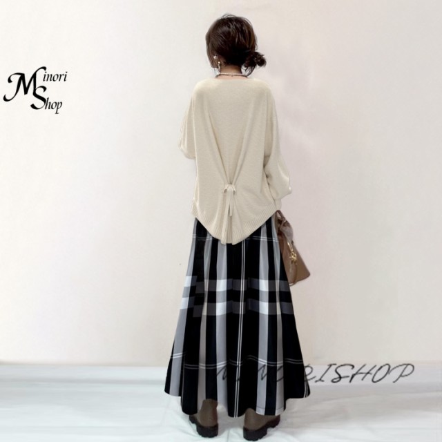 春新作 ワンピース ロング丈 春秋冬 レディース セットアップ 長袖ニット＆チェック柄スカート 上下2点セット 通勤 リボン付き 普段着用 