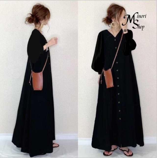 ワンピース レディース ロング丈 シャツワンピース ドッキングワンピ フリル おしゃ 長袖 ブラック 春夏秋 ボダン付き ネイビー Vネック 