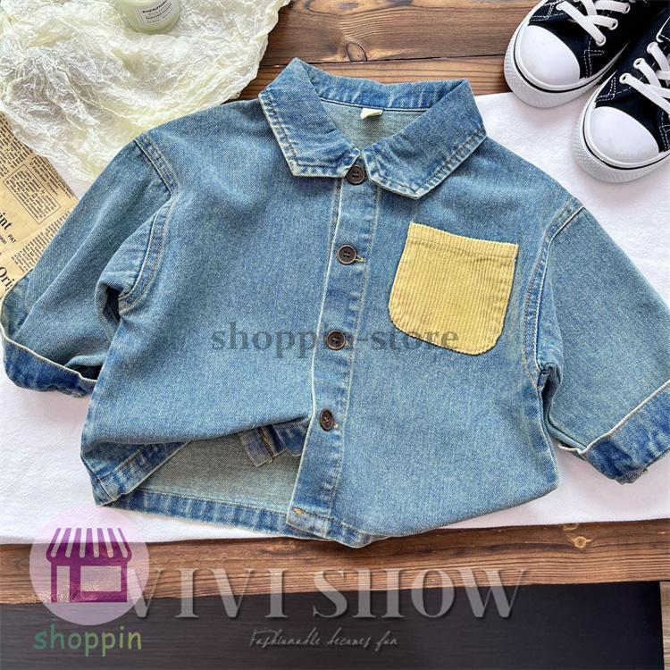 キッズ アウター 長袖 デニム トップス シンプル シャツ風 あわせやすい 着やすい 襟付き 動きやすい カジュアル ゆったり ワンポイント おしゃれ 