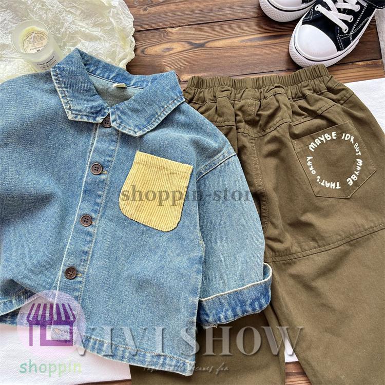 キッズ アウター 長袖 デニム トップス シンプル シャツ風 あわせやすい 着やすい 襟付き 動きやすい カジュアル ゆったり ワンポイント おしゃれ 