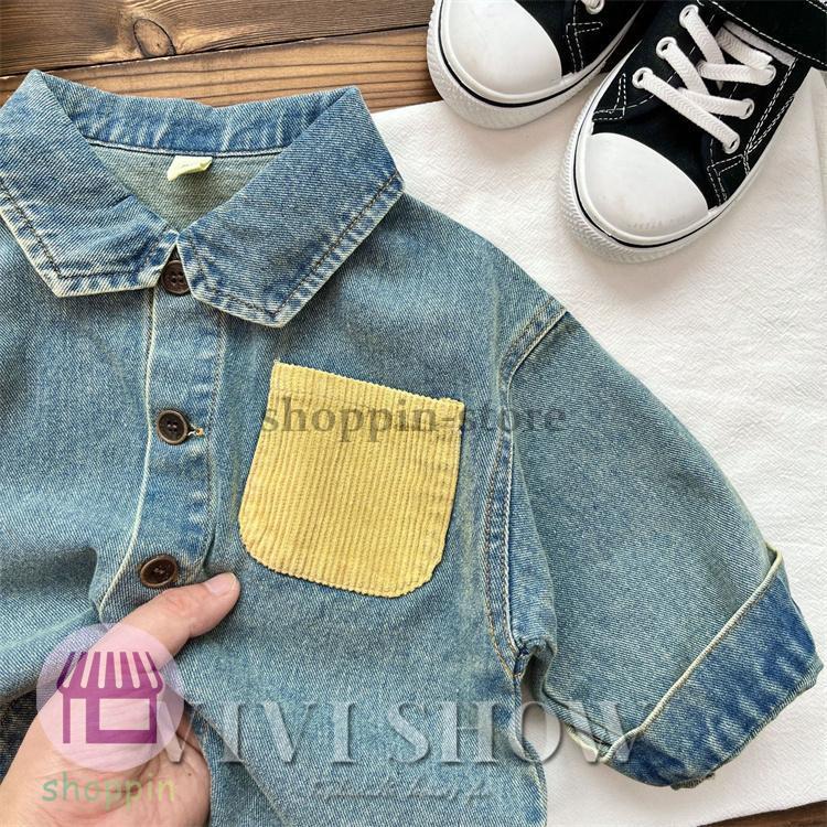 キッズ アウター 長袖 デニム トップス シンプル シャツ風 あわせやすい 着やすい 襟付き 動きやすい カジュアル ゆったり ワンポイント おしゃれ 
