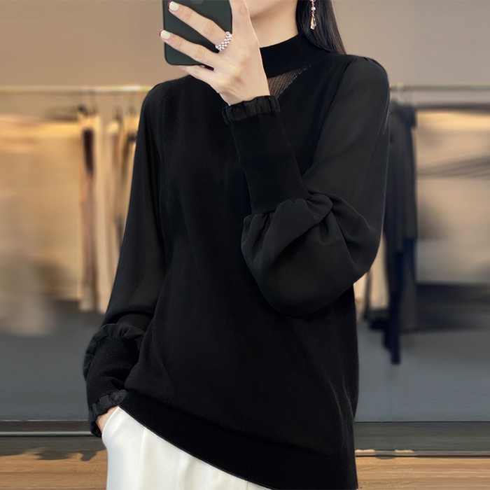 ニット ニットトップス レディース パフスリーブ 長袖 シースルー 無地 女性 カジュアル モックネック かわいい トップス おしゃれ 