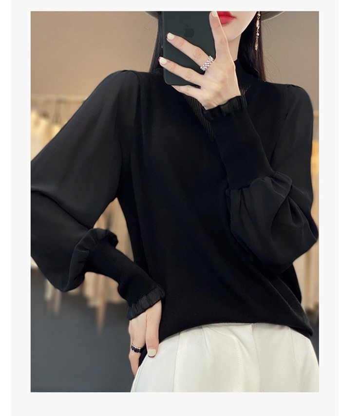 ニット ニットトップス レディース パフスリーブ 長袖 シースルー 無地 女性 カジュアル モックネック かわいい トップス おしゃれ 