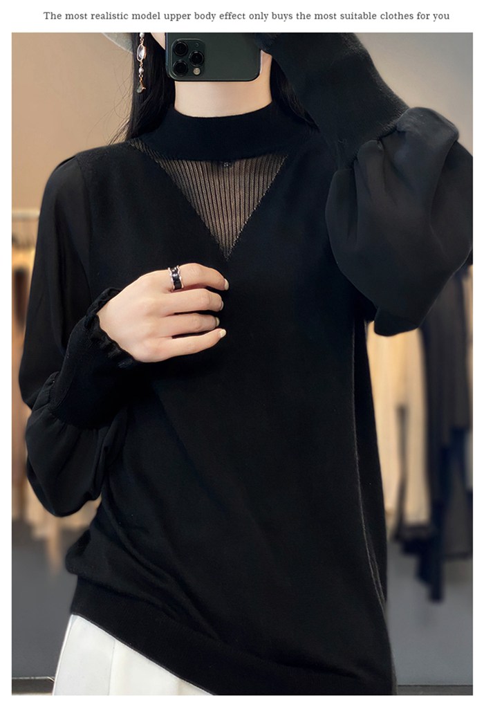 ニット ニットトップス レディース パフスリーブ 長袖 シースルー 無地 女性 カジュアル モックネック かわいい トップス おしゃれ 