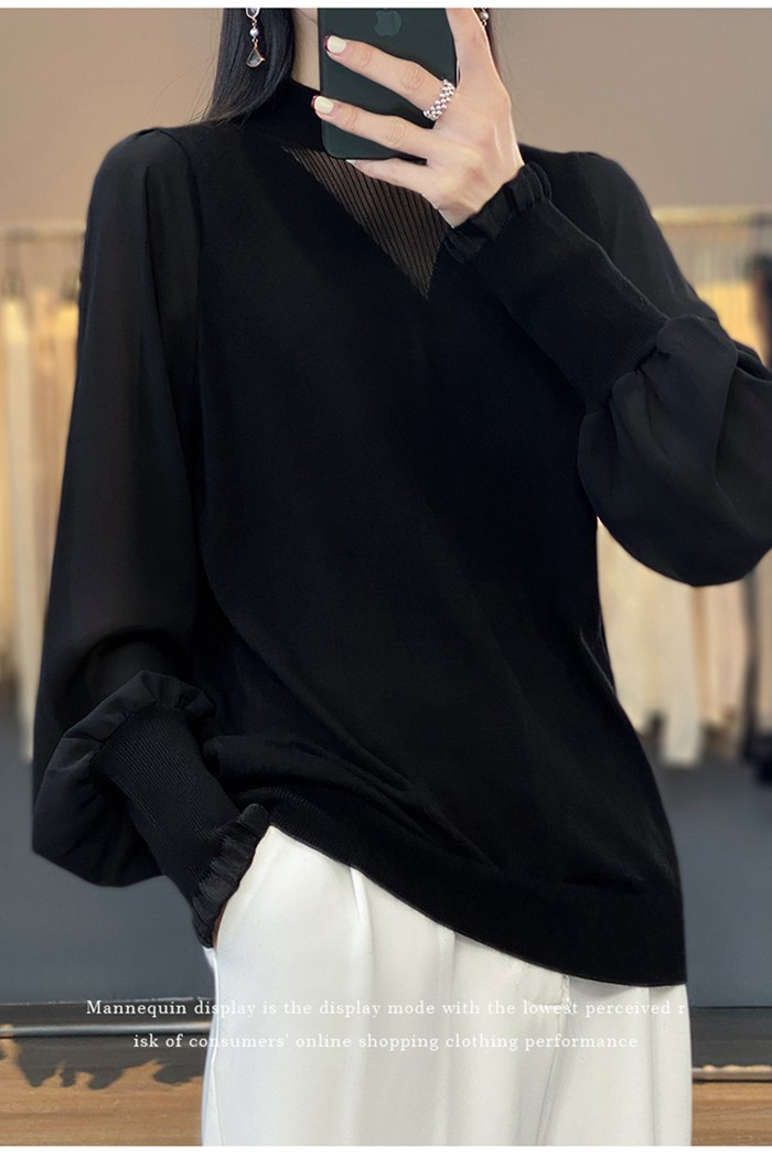 ニット ニットトップス レディース パフスリーブ 長袖 シースルー 無地 女性 カジュアル モックネック かわいい トップス おしゃれ 