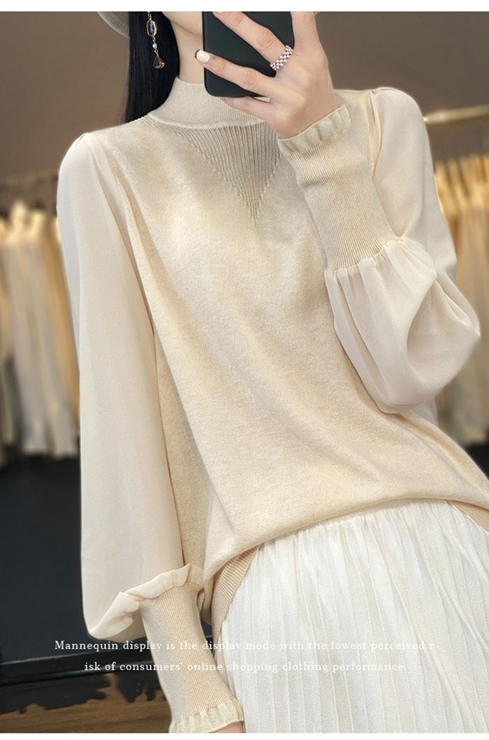 ニット ニットトップス レディース パフスリーブ 長袖 シースルー 無地 女性 カジュアル モックネック かわいい トップス おしゃれ 