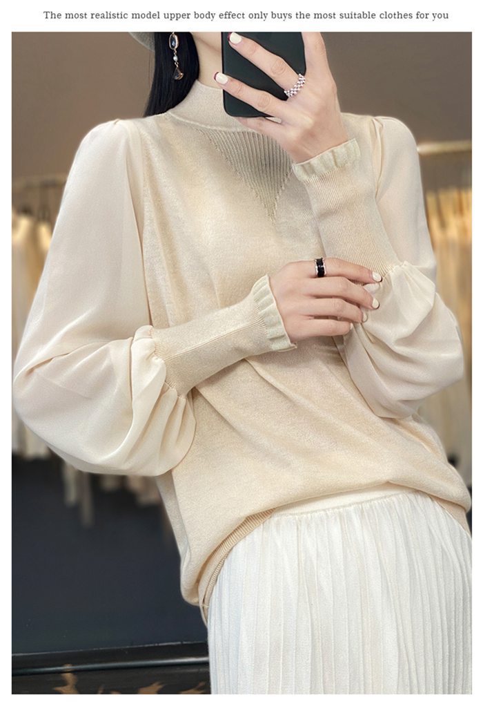 ニット ニットトップス レディース パフスリーブ 長袖 シースルー 無地 女性 カジュアル モックネック かわいい トップス おしゃれ 