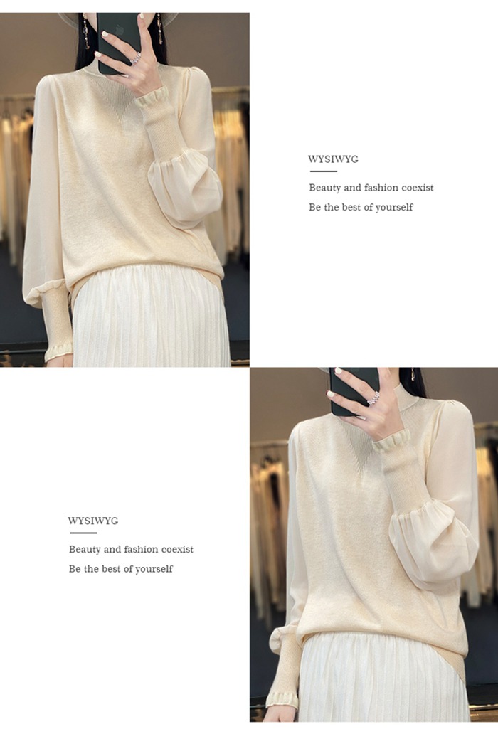 ニット ニットトップス レディース パフスリーブ 長袖 シースルー 無地 女性 カジュアル モックネック かわいい トップス おしゃれ 