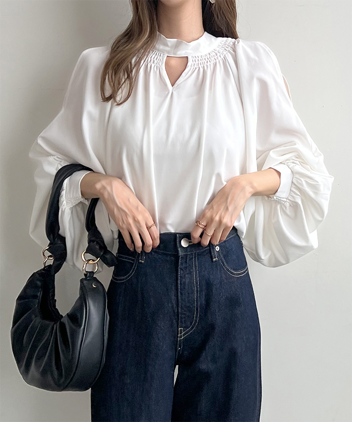 ブラウス レディース 長袖 秋冬 オフィスカジュアル きれいめ 韓国ファッション 前後2WAYショルダーオープンブラウス 上品 シンプル カジュアル 