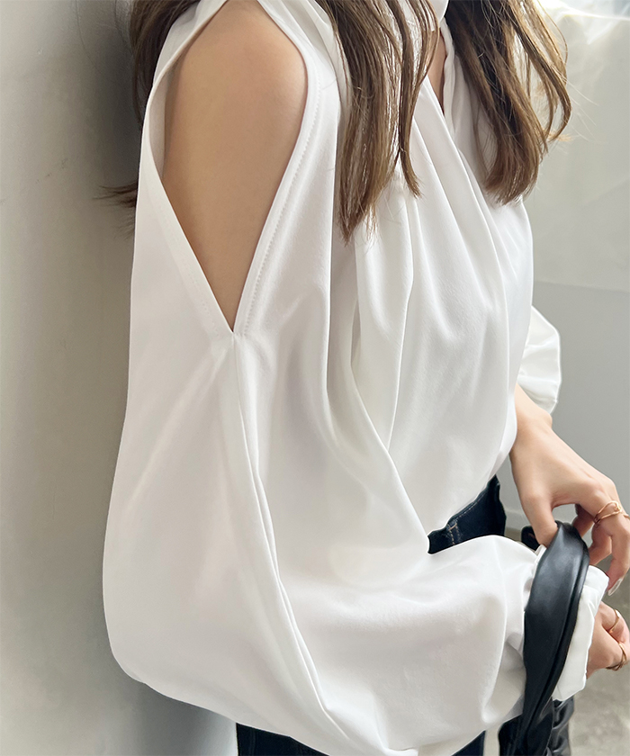 ブラウス レディース 長袖 秋冬 オフィスカジュアル きれいめ 韓国ファッション 前後2WAYショルダーオープンブラウス 上品 シンプル カジュアル 