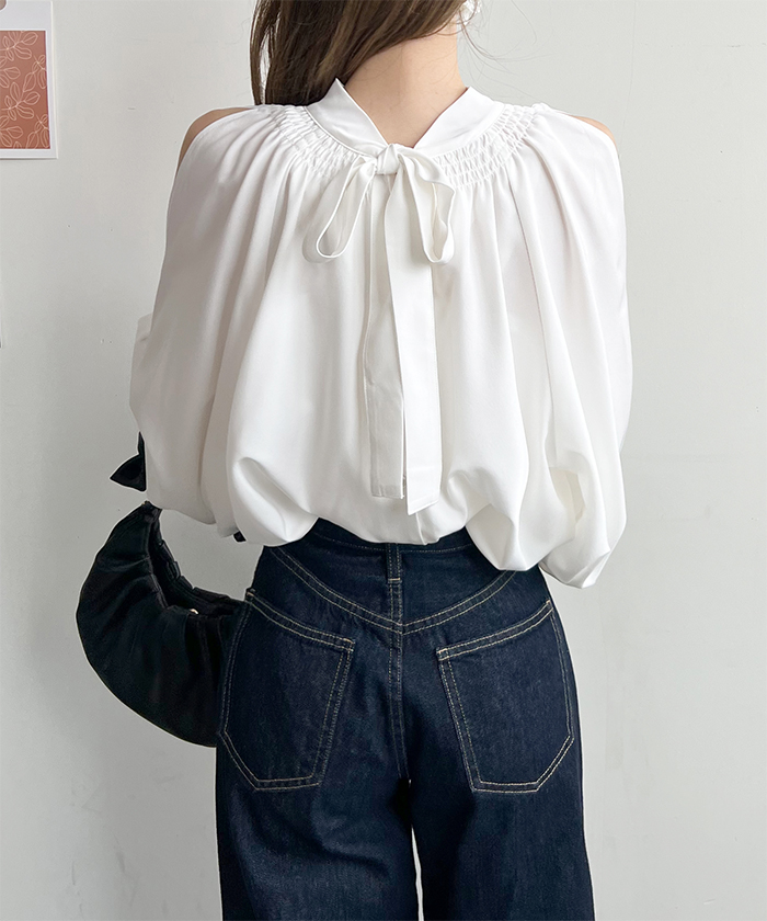 ブラウス レディース 長袖 秋冬 オフィスカジュアル きれいめ 韓国ファッション 前後2WAYショルダーオープンブラウス 上品 シンプル カジュアル 