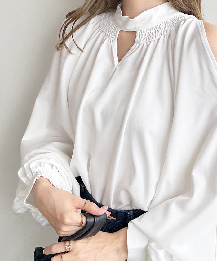 ブラウス レディース 長袖 秋冬 オフィスカジュアル きれいめ 韓国ファッション 前後2WAYショルダーオープンブラウス 上品 シンプル カジュアル 