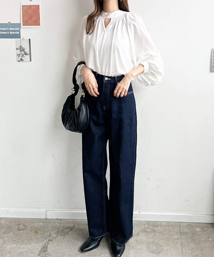 ブラウス レディース 長袖 秋冬 オフィスカジュアル きれいめ 韓国ファッション 前後2WAYショルダーオープンブラウス 上品 シンプル カジュアル 