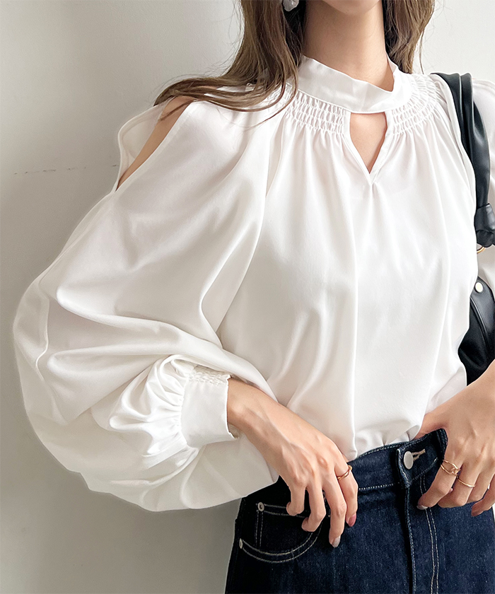 ブラウス レディース 長袖 秋冬 オフィスカジュアル きれいめ 韓国ファッション 前後2WAYショルダーオープンブラウス 上品 シンプル カジュアル 
