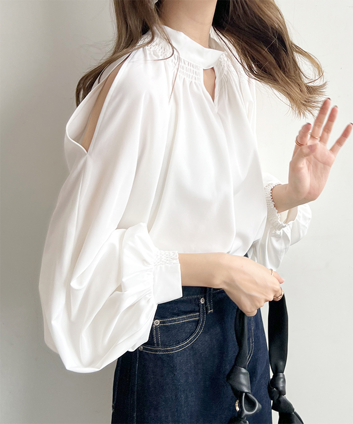 ブラウス レディース 長袖 秋冬 オフィスカジュアル きれいめ 韓国ファッション 前後2WAYショルダーオープンブラウス 上品 シンプル カジュアル 
