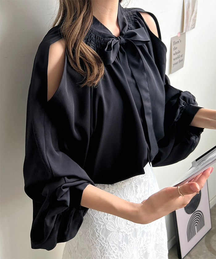 ブラウス レディース 長袖 秋冬 オフィスカジュアル きれいめ 韓国ファッション 前後2WAYショルダーオープンブラウス 上品 シンプル カジュアル 