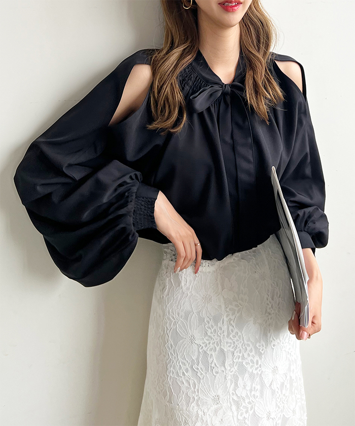 ブラウス レディース 長袖 秋冬 オフィスカジュアル きれいめ 韓国ファッション 前後2WAYショルダーオープンブラウス 上品 シンプル カジュアル 