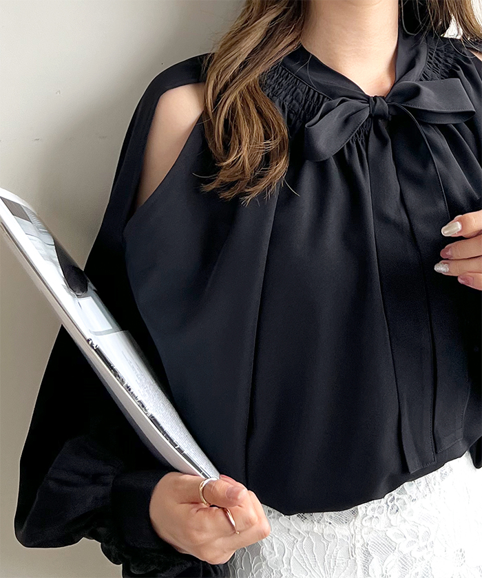 ブラウス レディース 長袖 秋冬 オフィスカジュアル きれいめ 韓国ファッション 前後2WAYショルダーオープンブラウス 上品 シンプル カジュアル 