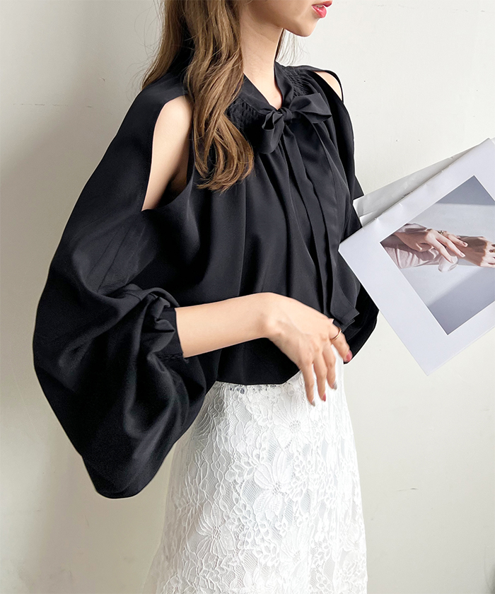 ブラウス レディース 長袖 秋冬 オフィスカジュアル きれいめ 韓国ファッション 前後2WAYショルダーオープンブラウス 上品 シンプル カジュアル 