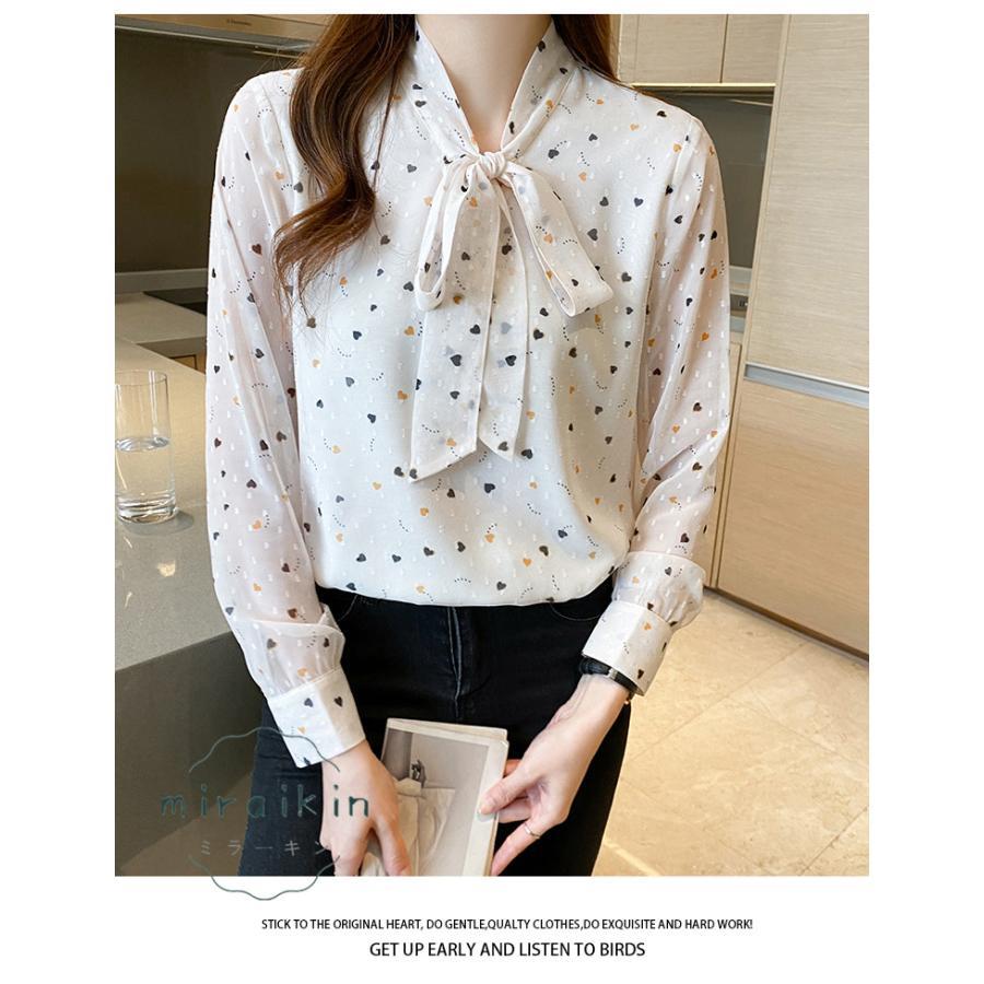 ブラウス レディース 春 夏 春夏 シャツ きれいめ トップス 30代 ハート柄 リボンボウタイ ボウタイ カジュアル 長袖 オフィス ブラウスシャツ 20代 