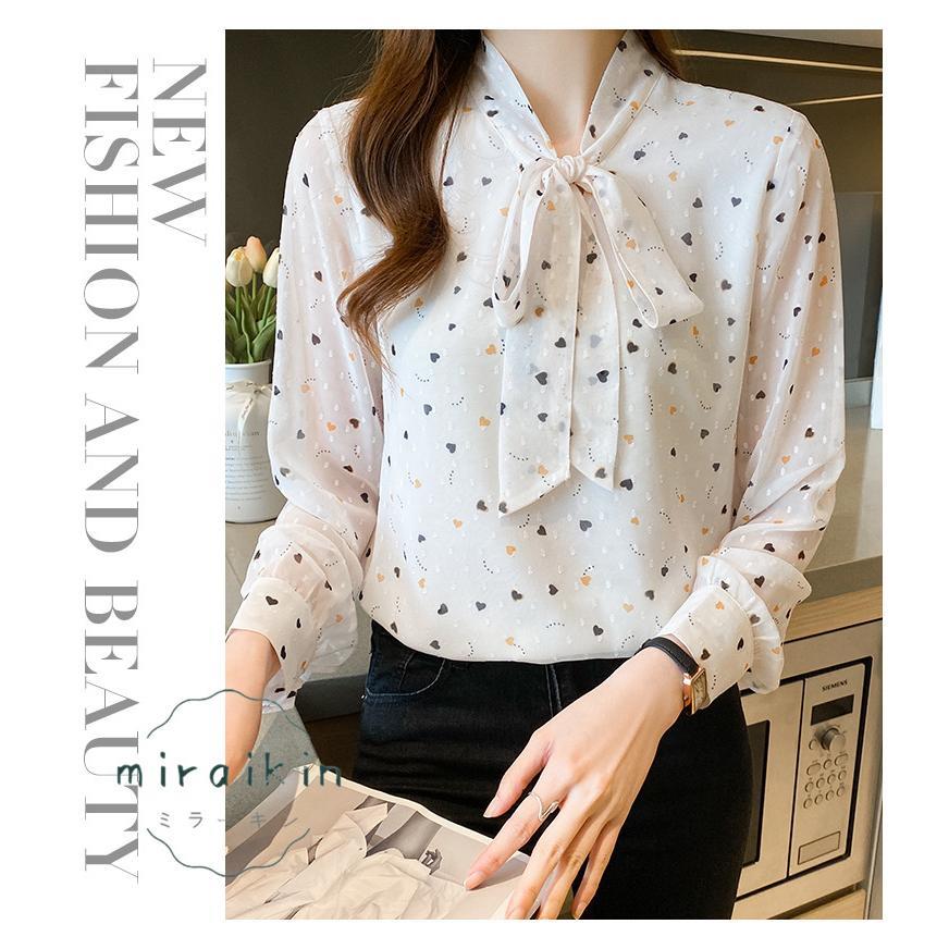 ブラウス レディース 春 夏 春夏 シャツ きれいめ トップス 30代 ハート柄 リボンボウタイ ボウタイ カジュアル 長袖 オフィス ブラウスシャツ 20代 