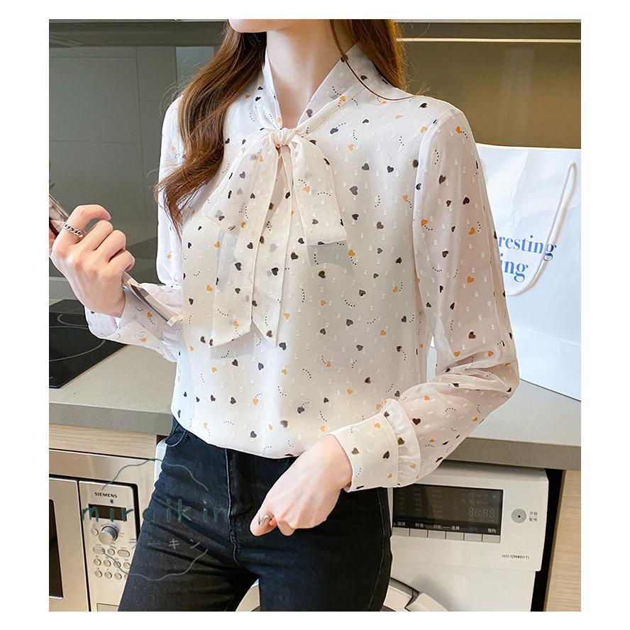 ブラウス レディース 春 夏 春夏 シャツ きれいめ トップス 30代 ハート柄 リボンボウタイ ボウタイ カジュアル 長袖 オフィス ブラウスシャツ 20代 