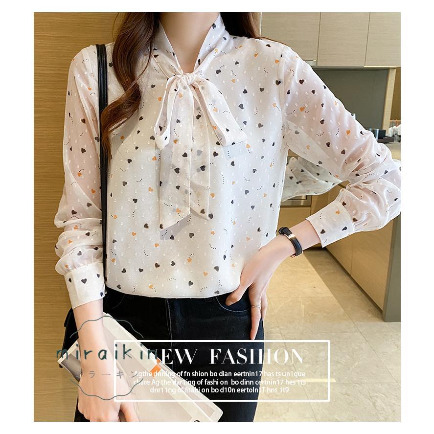 ブラウス レディース 春 夏 春夏 シャツ きれいめ トップス 30代 ハート柄 リボンボウタイ ボウタイ カジュアル 長袖 オフィス ブラウスシャツ 20代 