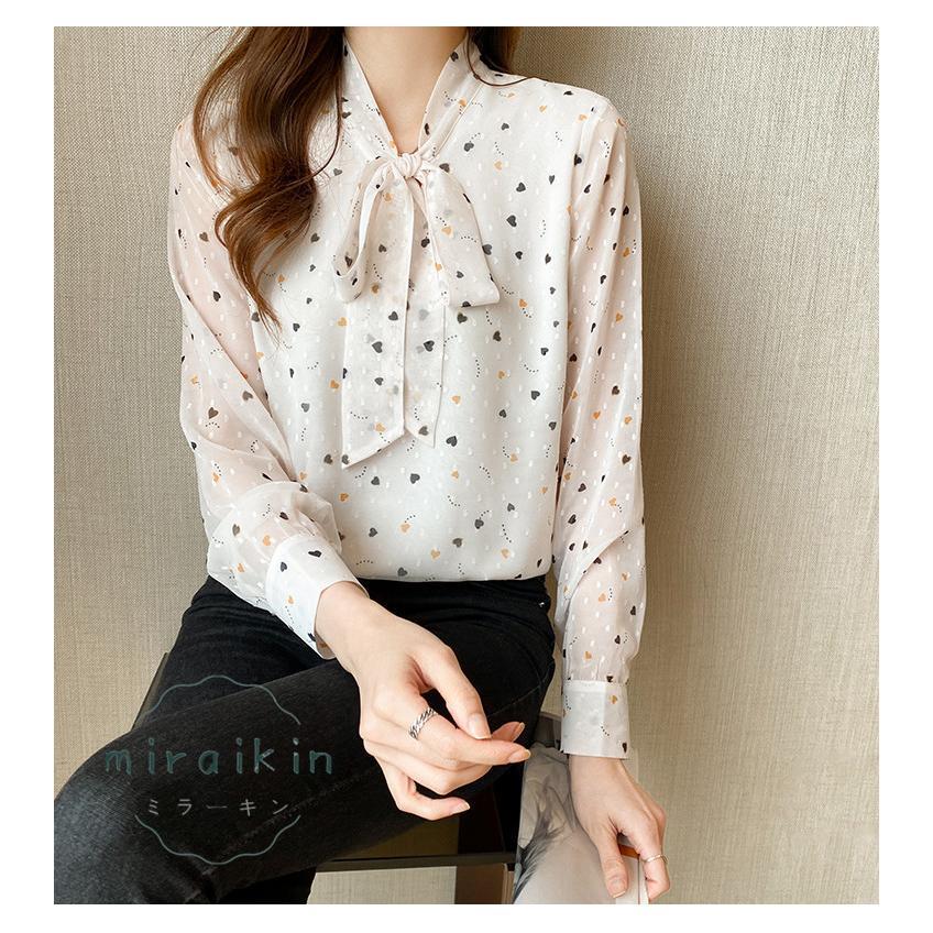 ブラウス レディース 春 夏 春夏 シャツ きれいめ トップス 30代 ハート柄 リボンボウタイ ボウタイ カジュアル 長袖 オフィス ブラウスシャツ 20代 