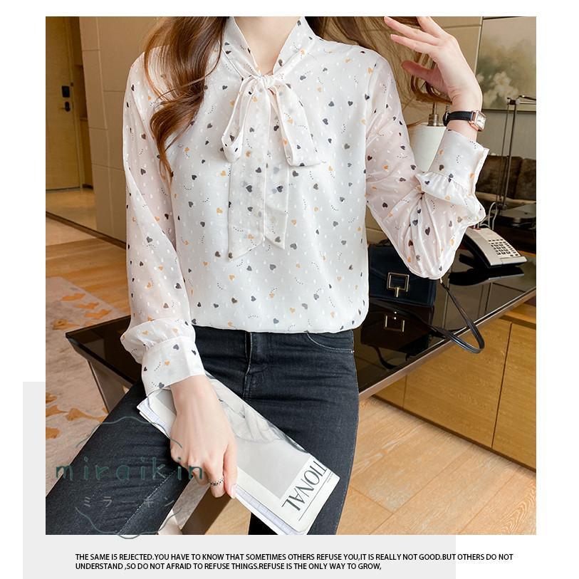 ブラウス レディース 春 夏 春夏 シャツ きれいめ トップス 30代 ハート柄 リボンボウタイ ボウタイ カジュアル 長袖 オフィス ブラウスシャツ 20代 