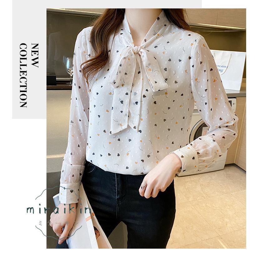 ブラウス レディース 春 夏 春夏 シャツ きれいめ トップス 30代 ハート柄 リボンボウタイ ボウタイ カジュアル 長袖 オフィス ブラウスシャツ 20代 