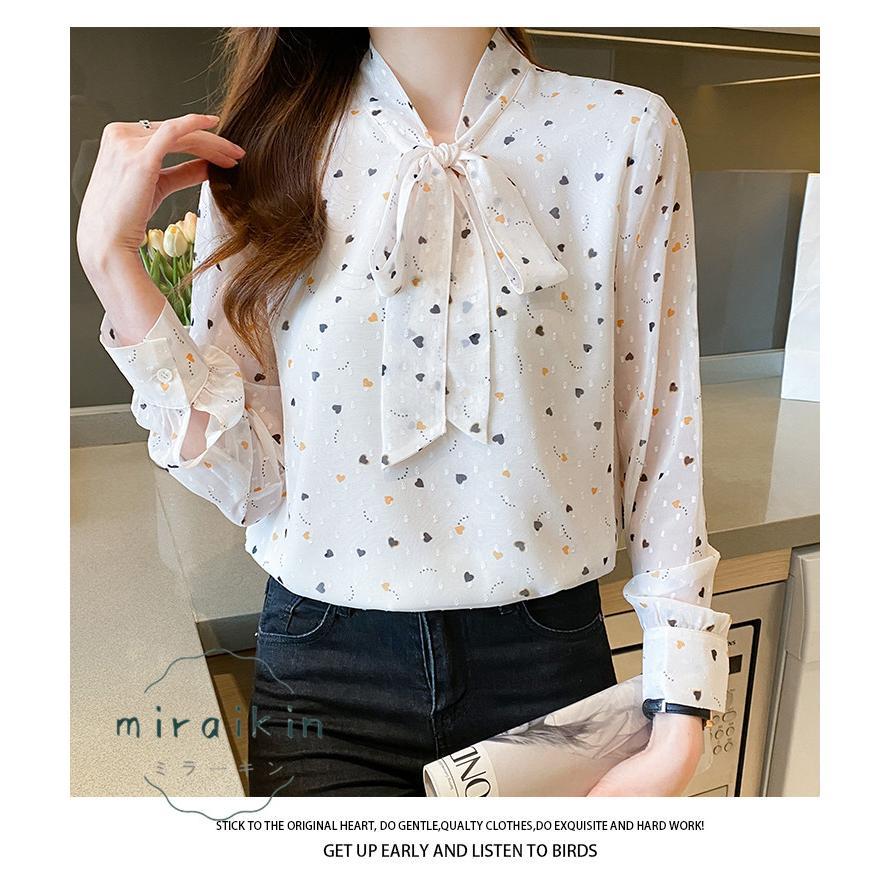 ブラウス レディース 春 夏 春夏 シャツ きれいめ トップス 30代 ハート柄 リボンボウタイ ボウタイ カジュアル 長袖 オフィス ブラウスシャツ 20代 