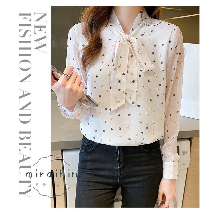 ブラウス レディース 春 夏 春夏 シャツ きれいめ トップス 30代 ハート柄 リボンボウタイ ボウタイ カジュアル 長袖 オフィス ブラウスシャツ 20代 