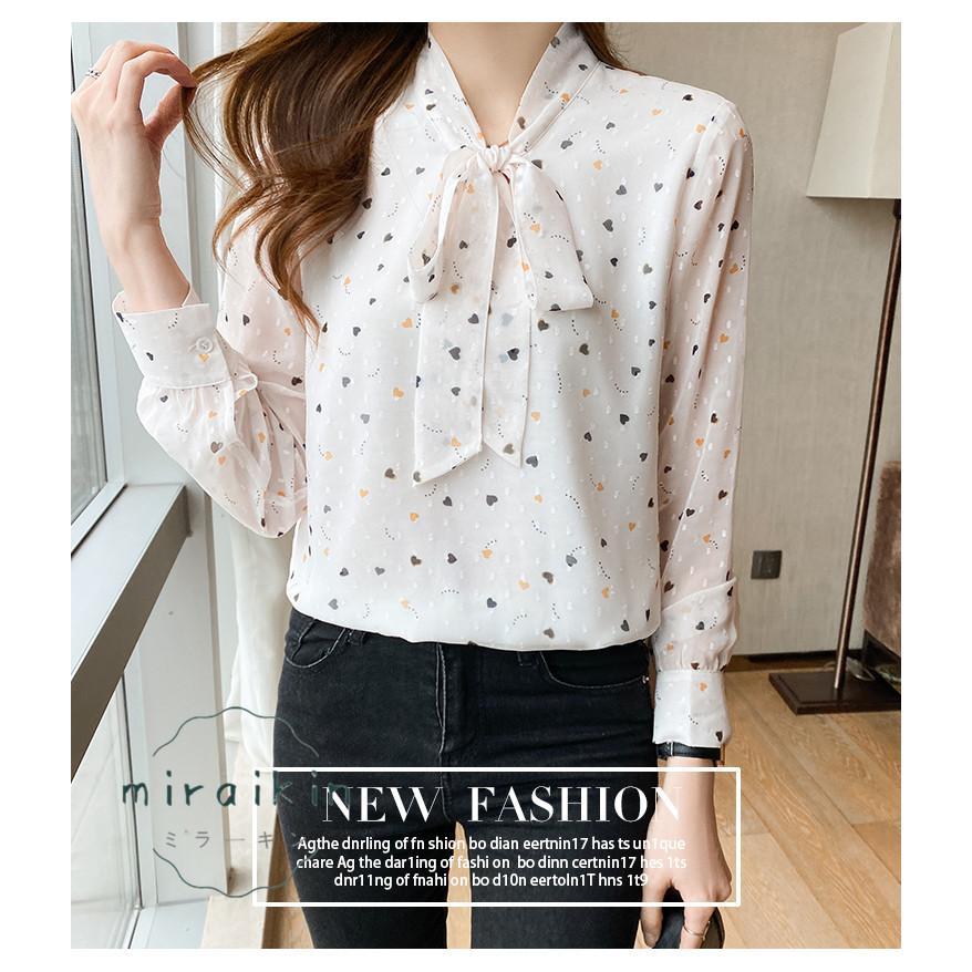 ブラウス レディース 春 夏 春夏 シャツ きれいめ トップス 30代 ハート柄 リボンボウタイ ボウタイ カジュアル 長袖 オフィス ブラウスシャツ 20代 