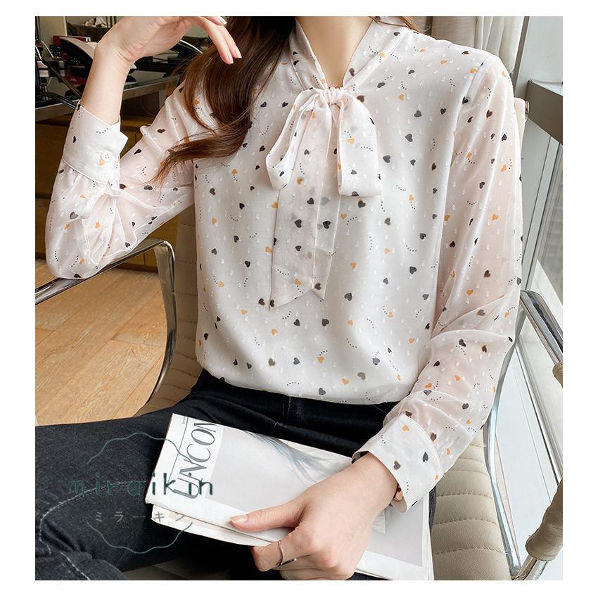ブラウス レディース 春 夏 春夏 シャツ きれいめ トップス 30代 ハート柄 リボンボウタイ ボウタイ カジュアル 長袖 オフィス ブラウスシャツ 20代 