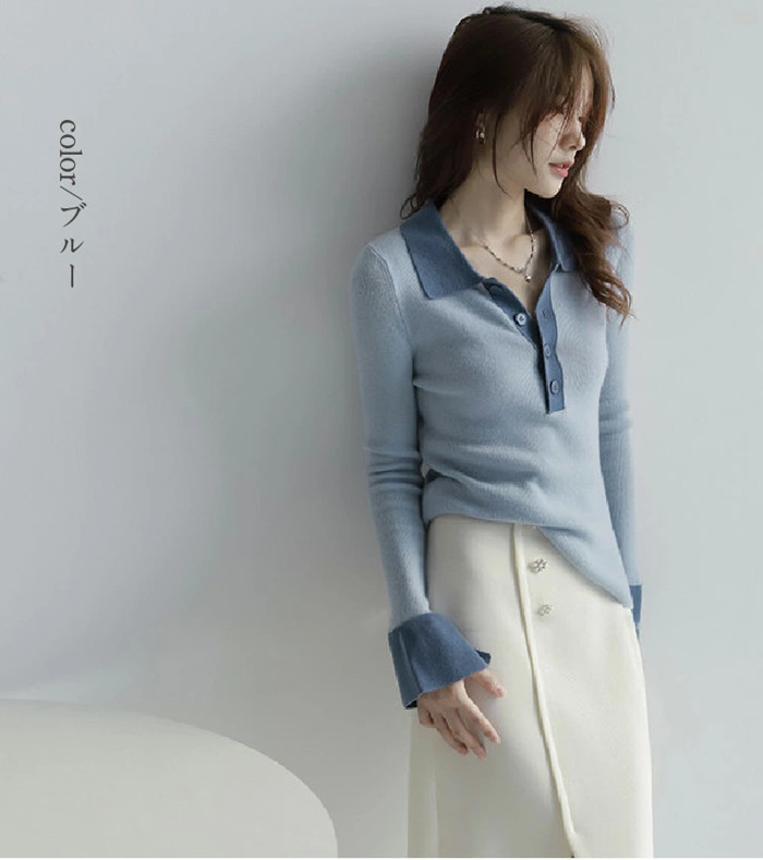 ニットセーター レディース トップス 長袖 セーター 配色 大人 きれいめ上品 ニットトップス 長袖ニット カットソー ニットソー 襟付き カジュアル 折襟 