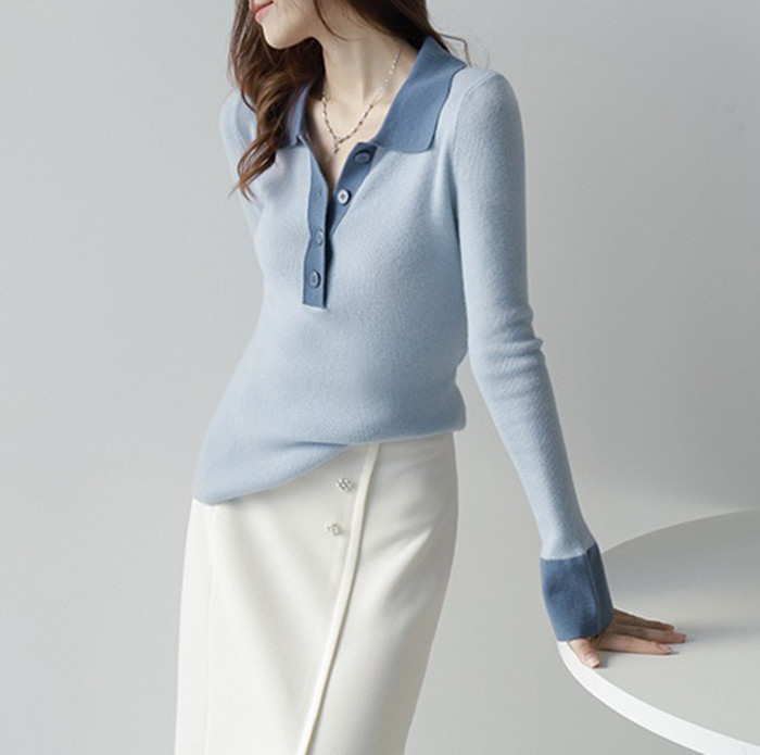 ニットセーター レディース トップス 長袖 セーター 配色 大人 きれいめ上品 ニットトップス 長袖ニット カットソー ニットソー 襟付き カジュアル 折襟 