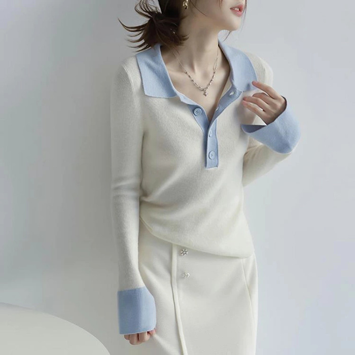 ニットセーター レディース トップス 長袖 セーター 配色 大人 きれいめ上品 ニットトップス 長袖ニット カットソー ニットソー 襟付き カジュアル 折襟 