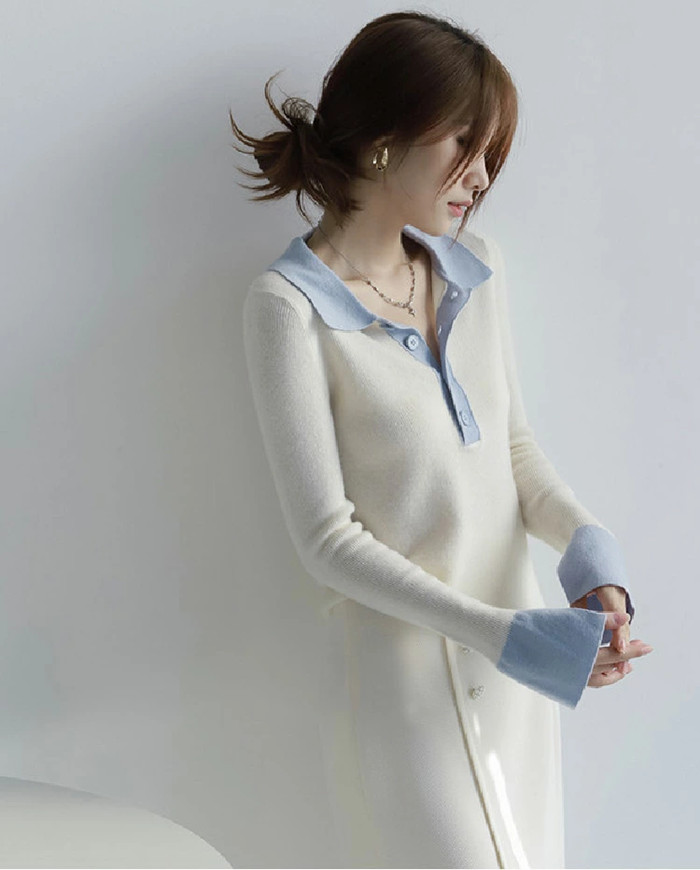 ニットセーター レディース トップス 長袖 セーター 配色 大人 きれいめ上品 ニットトップス 長袖ニット カットソー ニットソー 襟付き カジュアル 折襟 