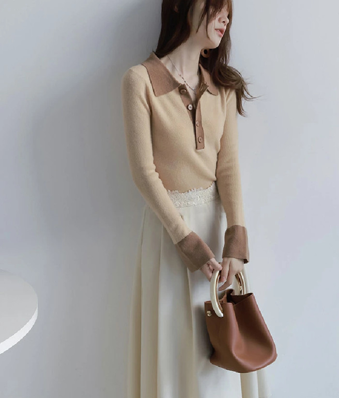 ニットセーター レディース トップス 長袖 セーター 配色 大人 きれいめ上品 ニットトップス 長袖ニット カットソー ニットソー 襟付き カジュアル 折襟 