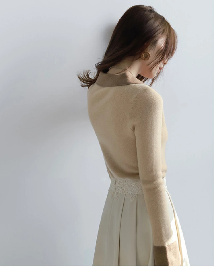 ニットセーター レディース トップス 長袖 セーター 配色 大人 きれいめ上品 ニットトップス 長袖ニット カットソー ニットソー 襟付き カジュアル 折襟 