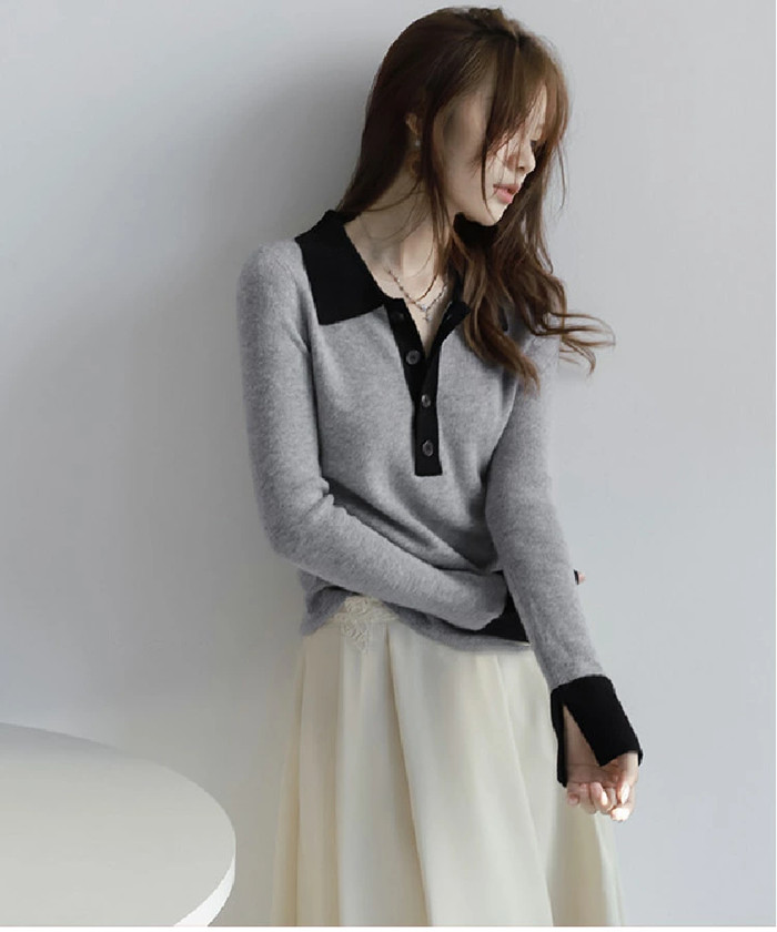 ニットセーター レディース トップス 長袖 セーター 配色 大人 きれいめ上品 ニットトップス 長袖ニット カットソー ニットソー 襟付き カジュアル 折襟 