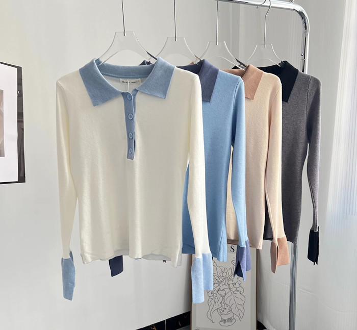 ニットセーター レディース トップス 長袖 セーター 配色 大人 きれいめ上品 ニットトップス 長袖ニット カットソー ニットソー 襟付き カジュアル 折襟 