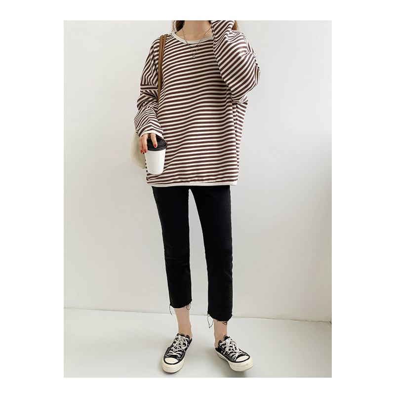 トレーナー レディース ゆったり スウェット カットソー 長袖 可愛い Tシャツ カジュアル おしゃれ プルオーバー ストライプ 大きいサイズ ビッグシルエット 